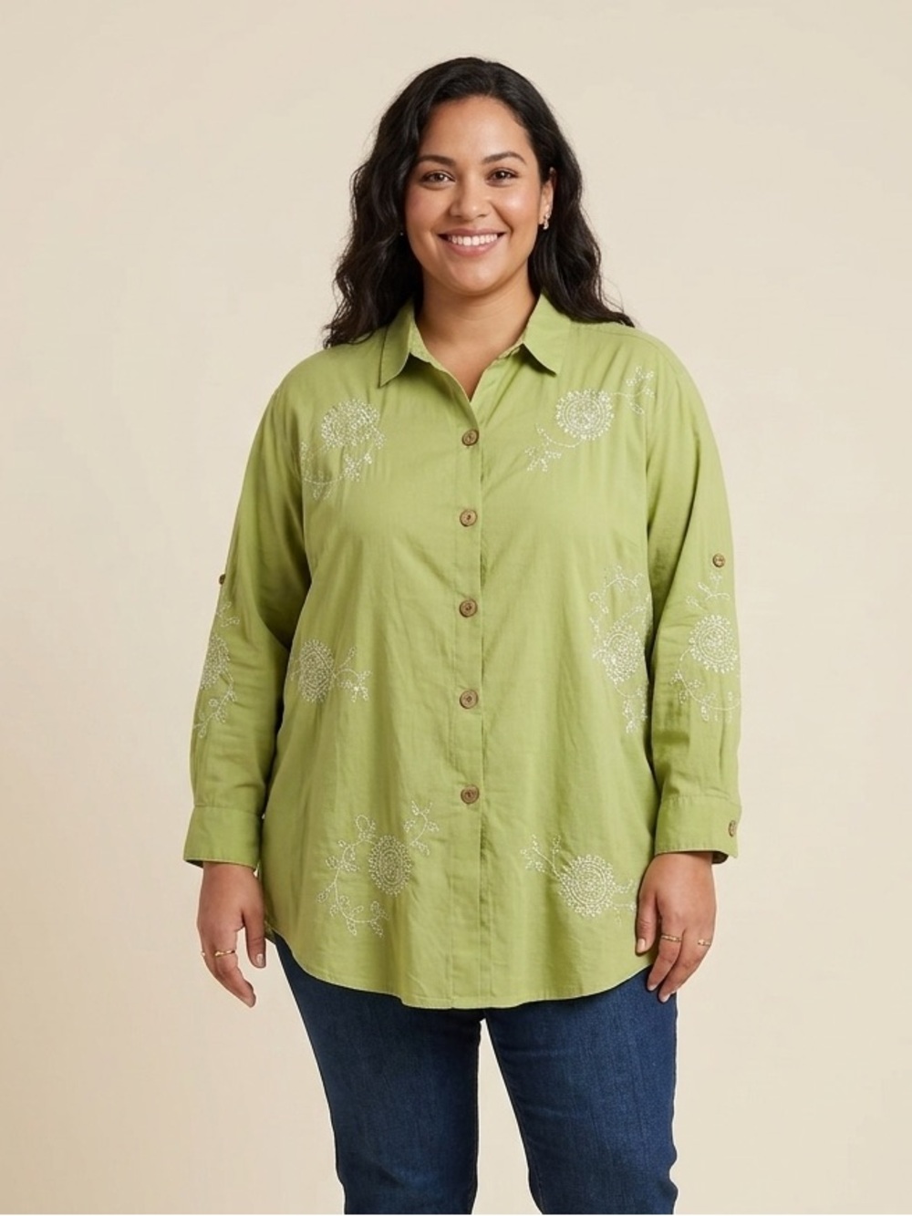 April Cornell Sz XL Green Cotton Embroidered Embellish Button Front Blouse